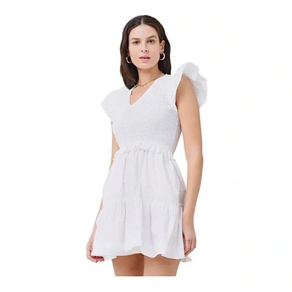 Sea Phoebe Cotton Flutter Sleeve Smocked Dress in white